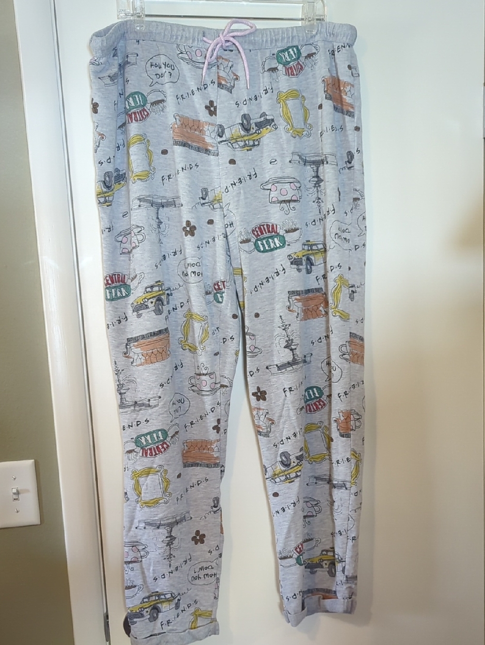 FRIENDS Light Gray Lounge Joggers with Multicolor Icons and Pink Drawstring